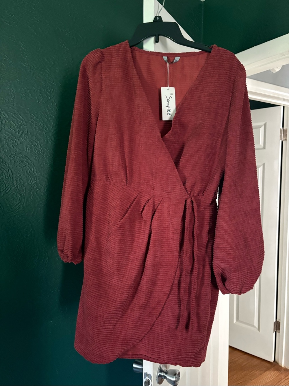 Simple Brick Red Mini Wrap Dress with Tie